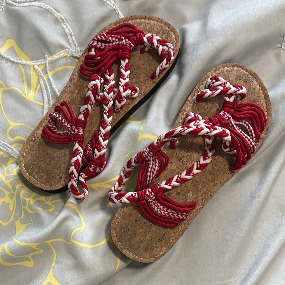 Red and White Cork Sole Sandals